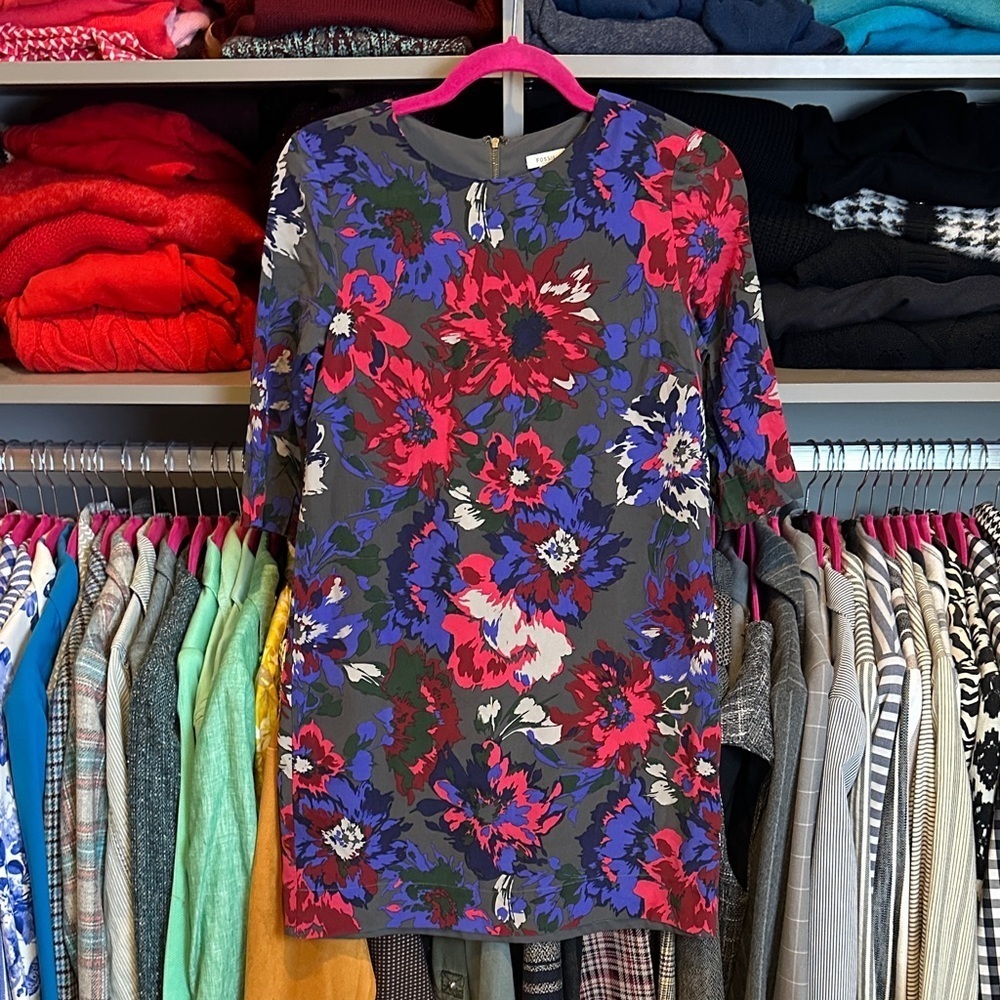 Fossil 100% silk gray/pink/purple floral 1/2 sleeve back zipper dress size 0